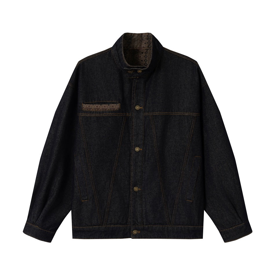 Unisex Boxy Jeans Jacket with high stand-up collar and woven trimmings EVA-US