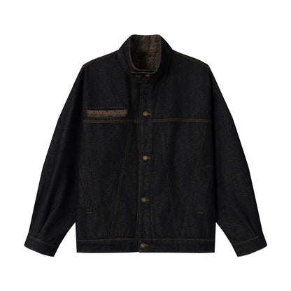 Unisex Boxy Jeans Jacket with high stand-up collar and woven trimmings EVA-US