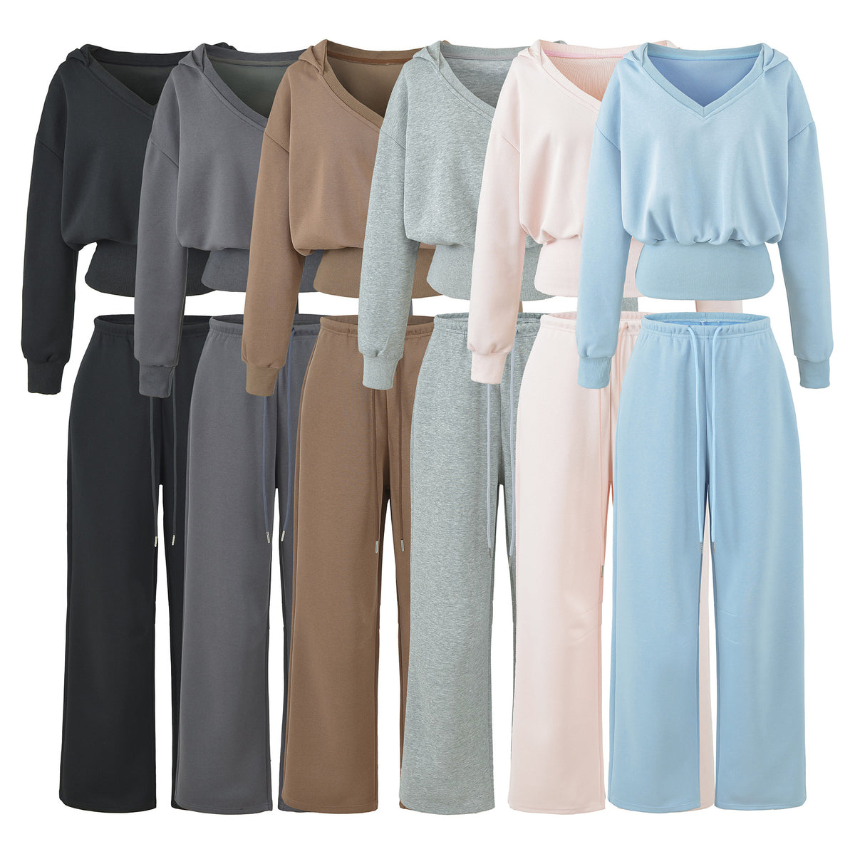Women's Comfort Lounge Set with Short V Hooded Sweatshirt and High-Cut Wide-Leg Joggers EVA-US