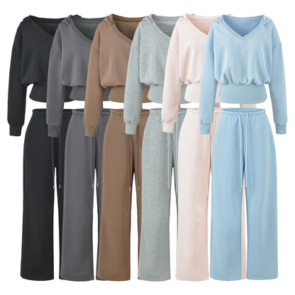 Women's Comfort Lounge Set with Short V Hooded Sweatshirt and High-Cut Wide-Leg Joggers EVA-US