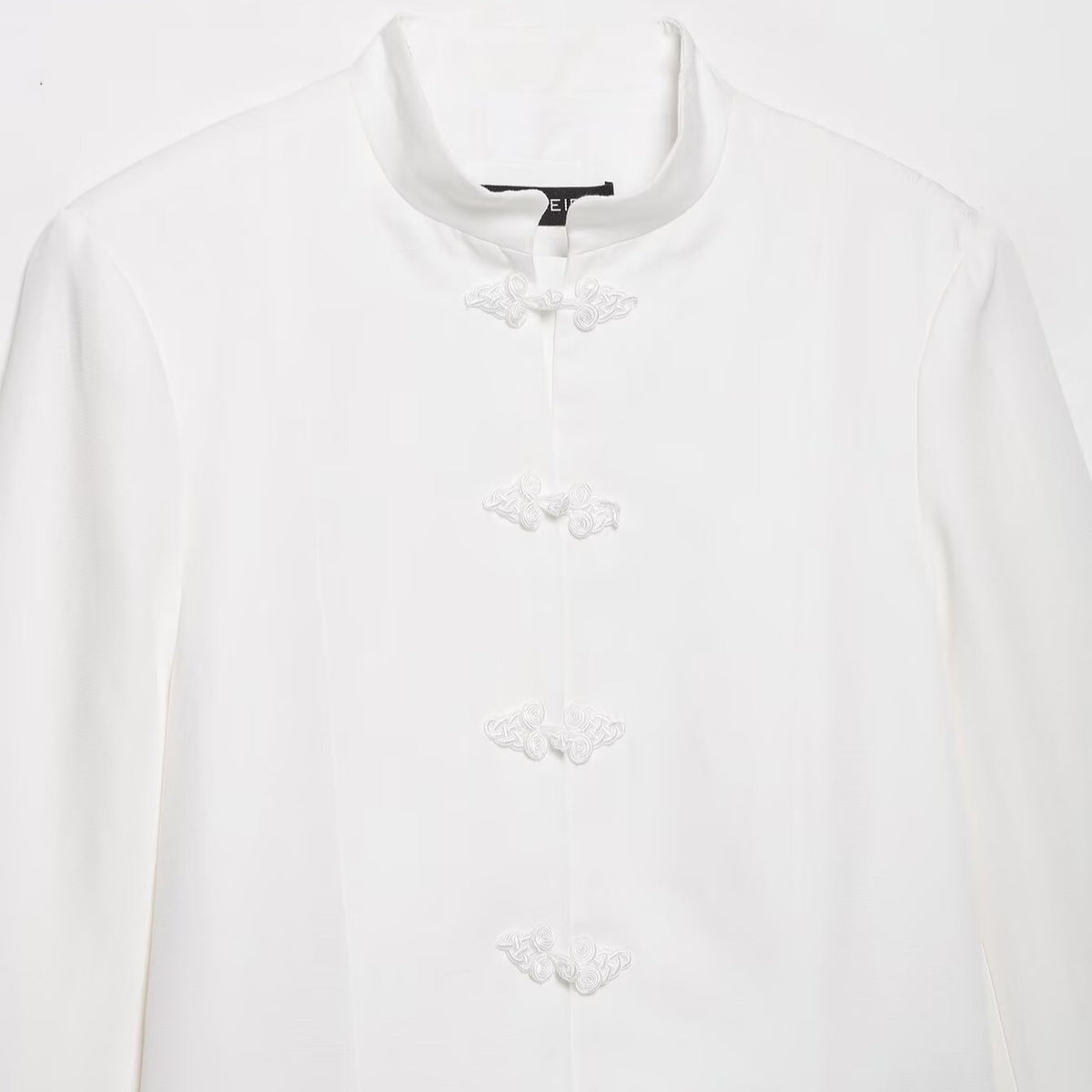 Women's Boxy Short Jacket with Stand-up Collar, Decorative Knot Closures and Welt Pockets EVA-US