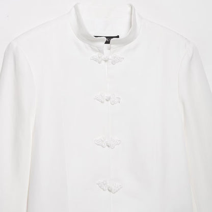 Women's Boxy Short Jacket with Stand-up Collar, Decorative Knot Closures and Welt Pockets EVA-US