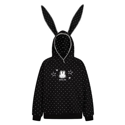 Women's Oversized Hoodie with Bunny Ears, Polka Dot Allover and Kangaroo Pocket
