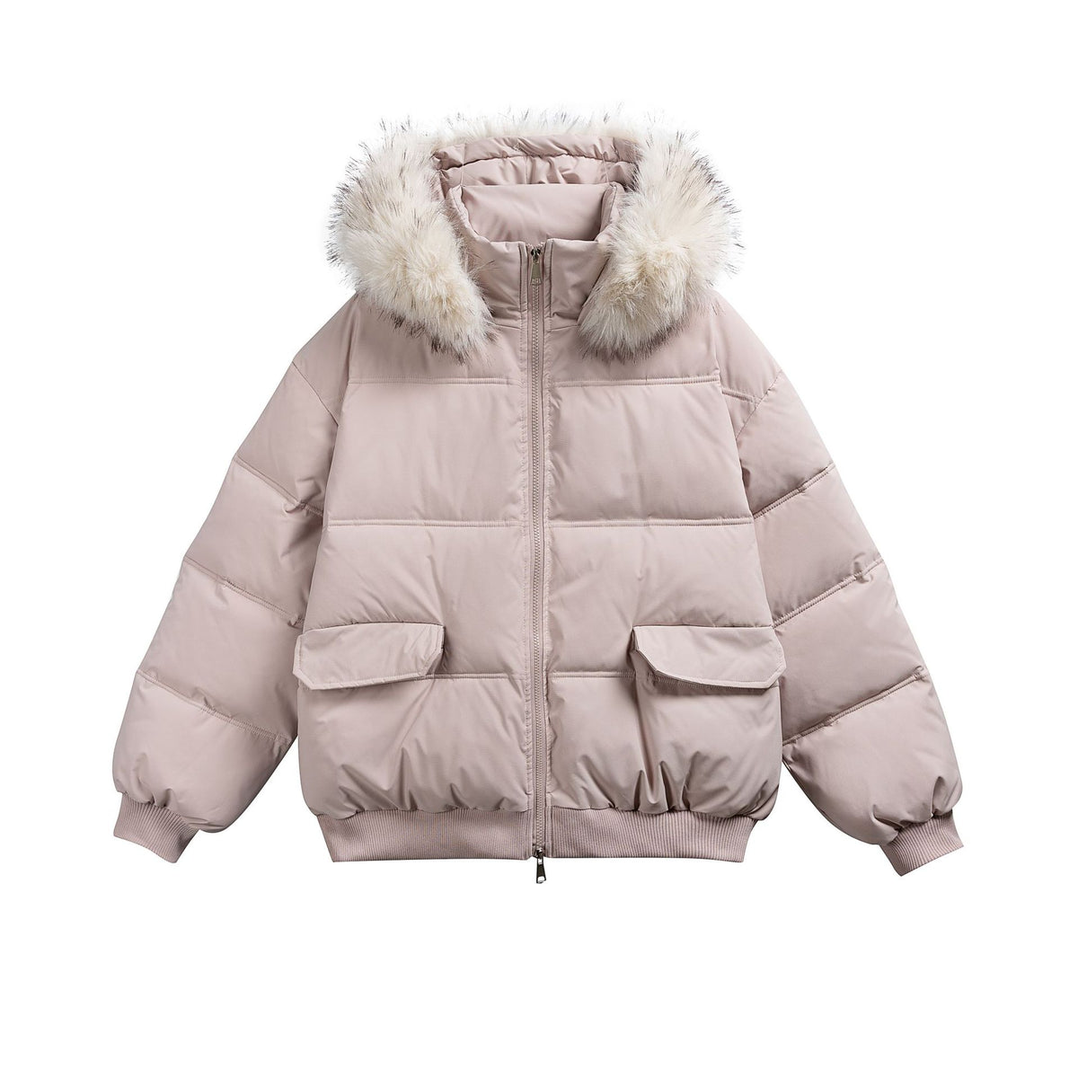 Women's Boxy Puffer Jacket with Hood and Voluminous Faux Fur Collar EVA-US