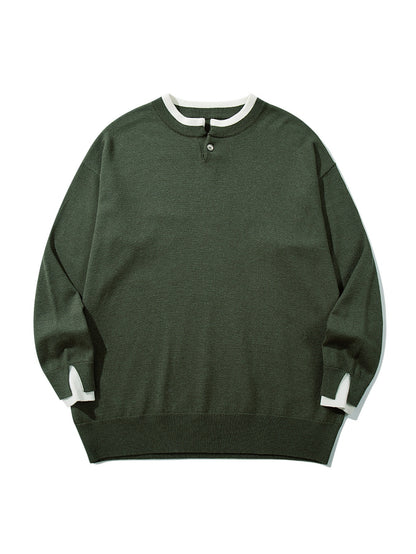 Unisex Oversize knit pullover with short Henley button placket and thumb hole cuffs EVA-US