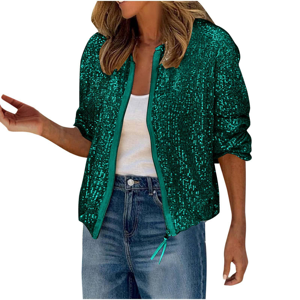 Women Glittering Bomber Jacket with Zipper