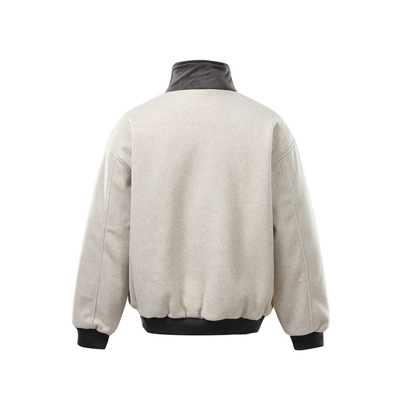Men's short-cut boxy bomber made of wool blend with high buckle collar and velour trim EVA-US