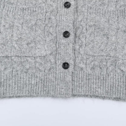 Women's Long Knitted Hooded Cardigan with Cable Pattern and Button Placket EVA-US