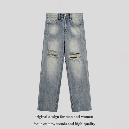 Women’s Wide Destroyed Jeans with High Waist, Straight Leg and Knee Rips EVA-US