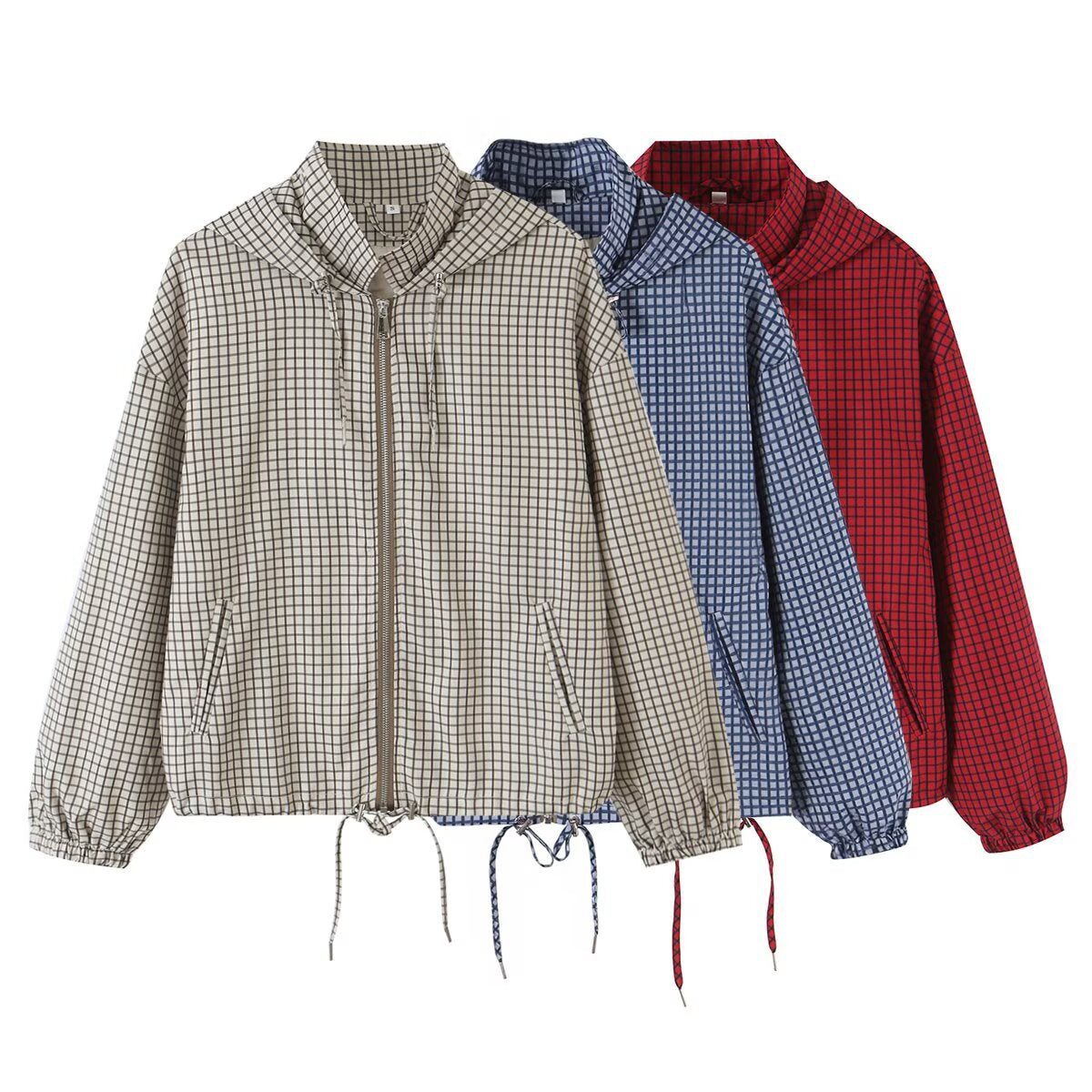 Women Lightweight Hooded Boxy Transitional Jacket with Check Grid Print, Drawstring and Elastic Cuffs EVA-US