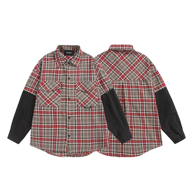 Unisex Oversized Shirt Jacket in Layering Look with Contrasting Sleeves and Chest Flap Pockets EVA-US