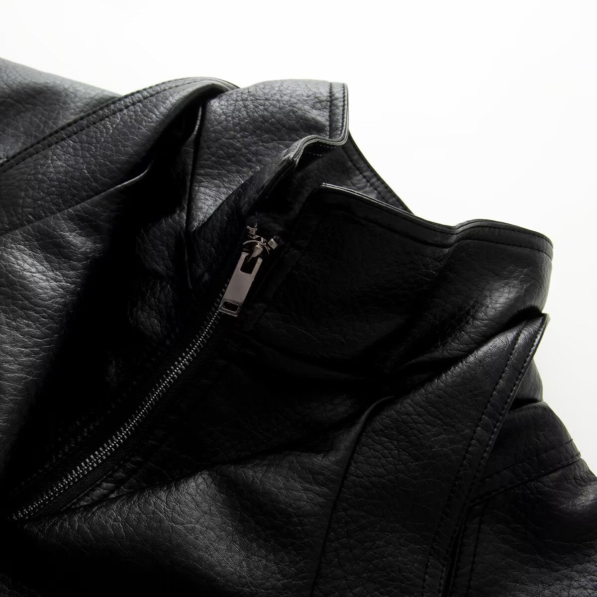 Women Oversized Double-Breasted Faux Leather Coat with Drawstring and Stand-Up Collar EVA-US