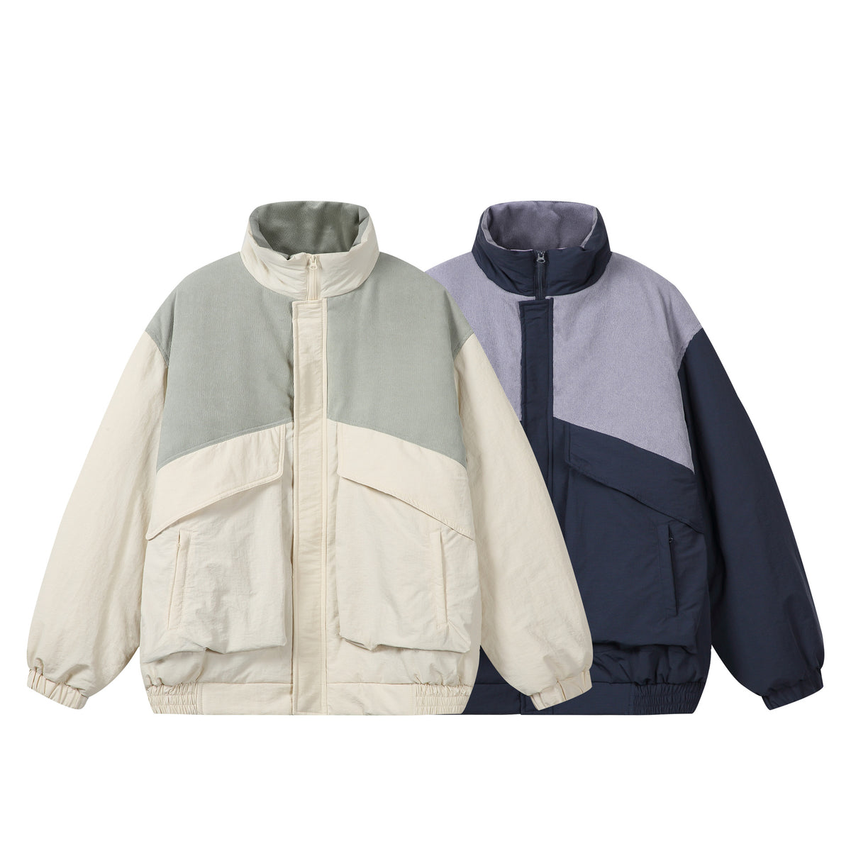 Unisex Boxy Puffer Jacket with high stand-up collar, cord shoulder yoke and large flap pockets EVA-US