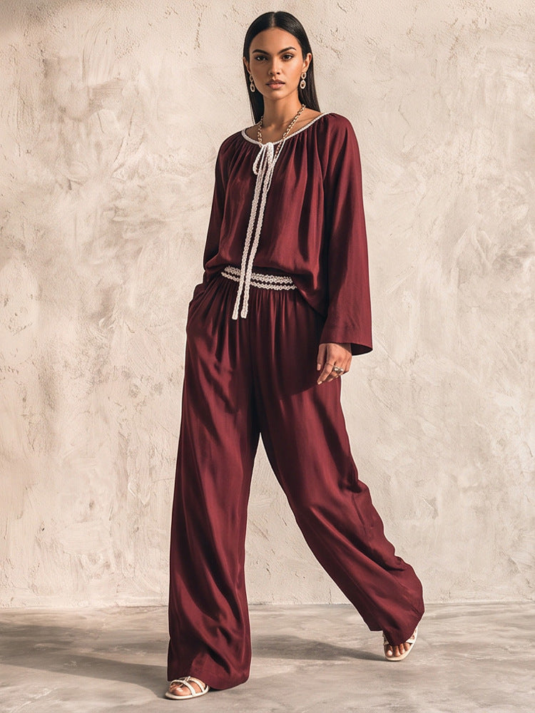 Ladies Flowing Two-Piece Loungewear Set in Silk Look with Wide Palazzo Pants and Gathered Tunic EVA-US
