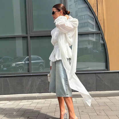 Women Elegant Blouse with Tie Collar, Emphasized Shoulders and Long Ties EVA-US