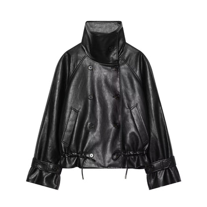 Women's Short Faux Leather Jacket with High Stand Collar, Double-Breasted and Drawstring Waist EVA-US