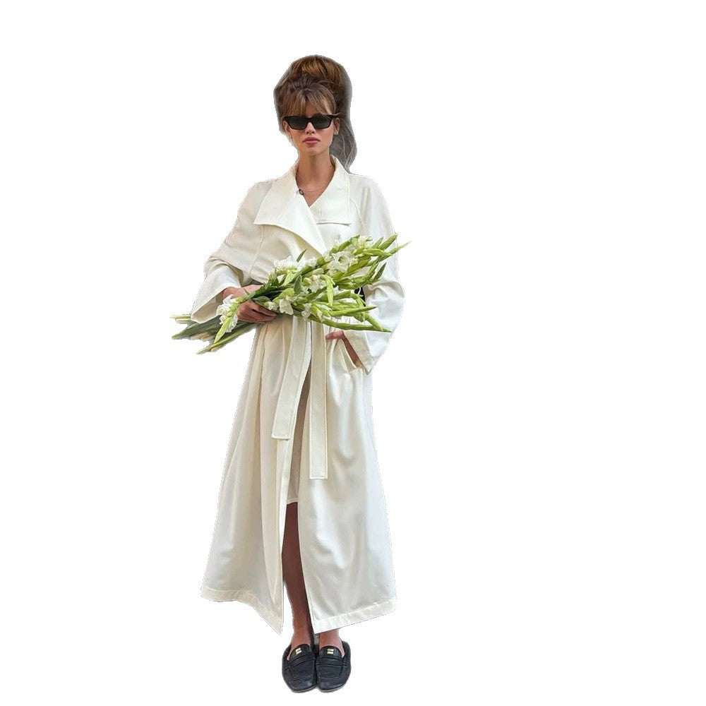 Women’s Maxi Length Wrap Coat made of Flowing Material with Wide Shawl Collar EVA-US