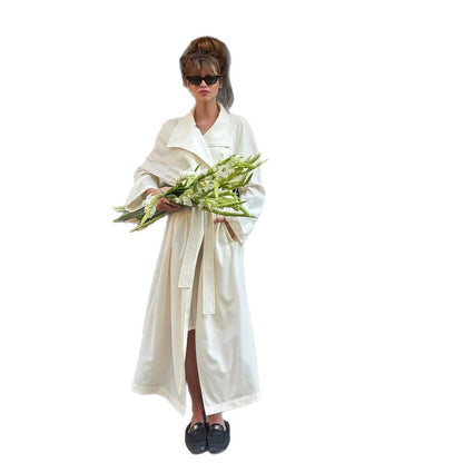 Women’s Maxi Length Wrap Coat made of Flowing Material with Wide Shawl Collar EVA-US