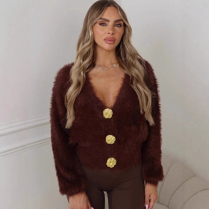 Ladies Fluffy Short Jacket with V-Neck and Metallic Decorative Buttons EVA-US