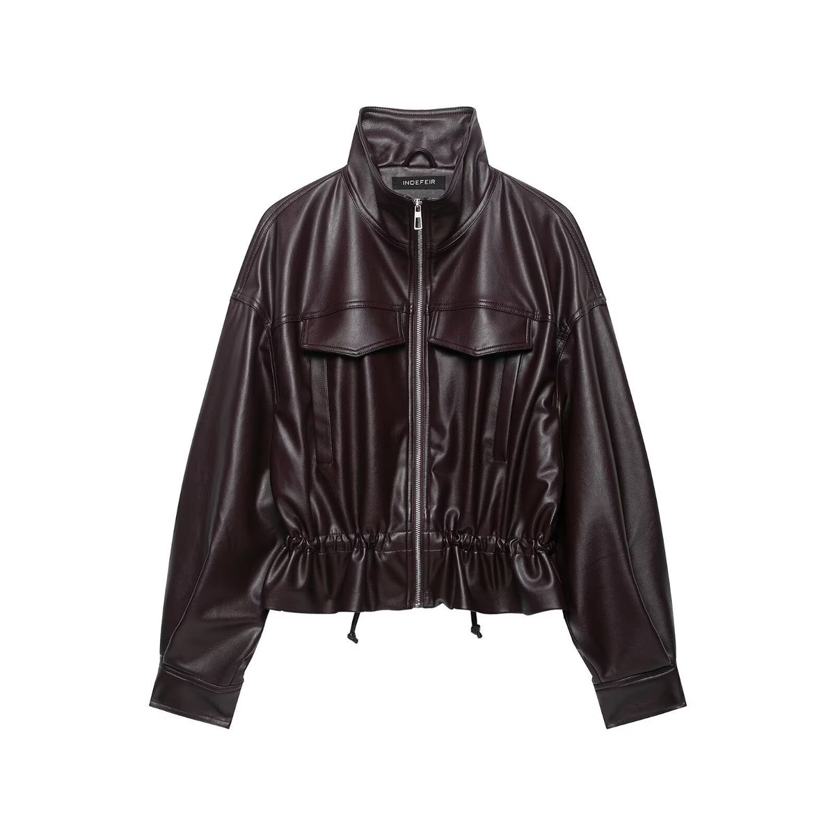 Women's Oversized Faux Leather Bomber Jacket with Funnel Neck, Drawstring Waist, and Flap Pockets EVA-US