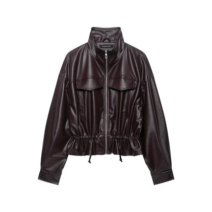 Women's Oversized Faux Leather Bomber Jacket with Funnel Neck, Drawstring Waist, and Flap Pockets EVA-US