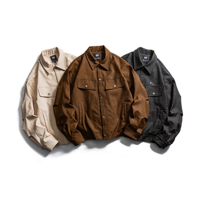 Men's short-cut canvas trucker with velour look, flap pockets and press stud placket EVA-US