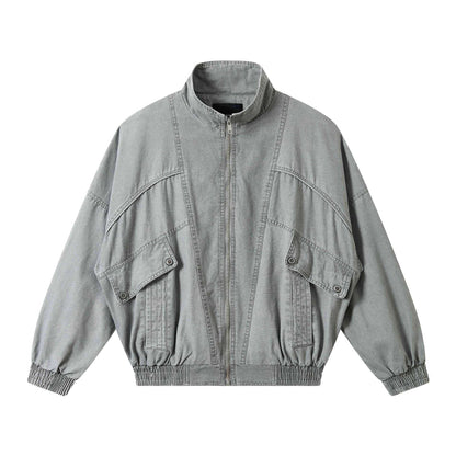 Unisex Short Cut Washed Canvas Utility Jacket with High Stand-Up Collar EVA-US