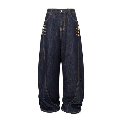 Women's Wide High-Waist Jeans with Balloon Silhouette and Side Decorative Buttons EVA-US