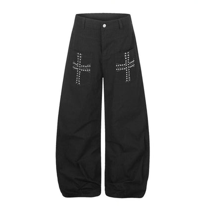 Women's Wide High-Waist Palazzo Jeans with Patch Pockets and Riveted Cross Detail EVA-US