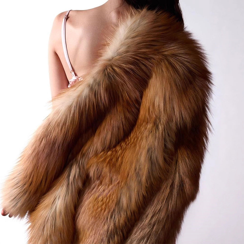 Women's Short Plush Faux Fur Coat with Boxy Silhouette and Voluminous Shawl Collar EVA-US