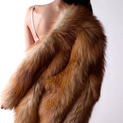 Women's Short Plush Faux Fur Coat with Boxy Silhouette and Voluminous Shawl Collar EVA-US