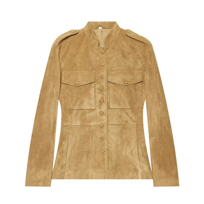 Women's Suede Jacket in Military Style with Stand-Up Collar EVA-US