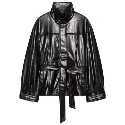 Women's Faux Leather Short Coat with High Stand Collar, Waist Tie Belt and Seams EVA-US