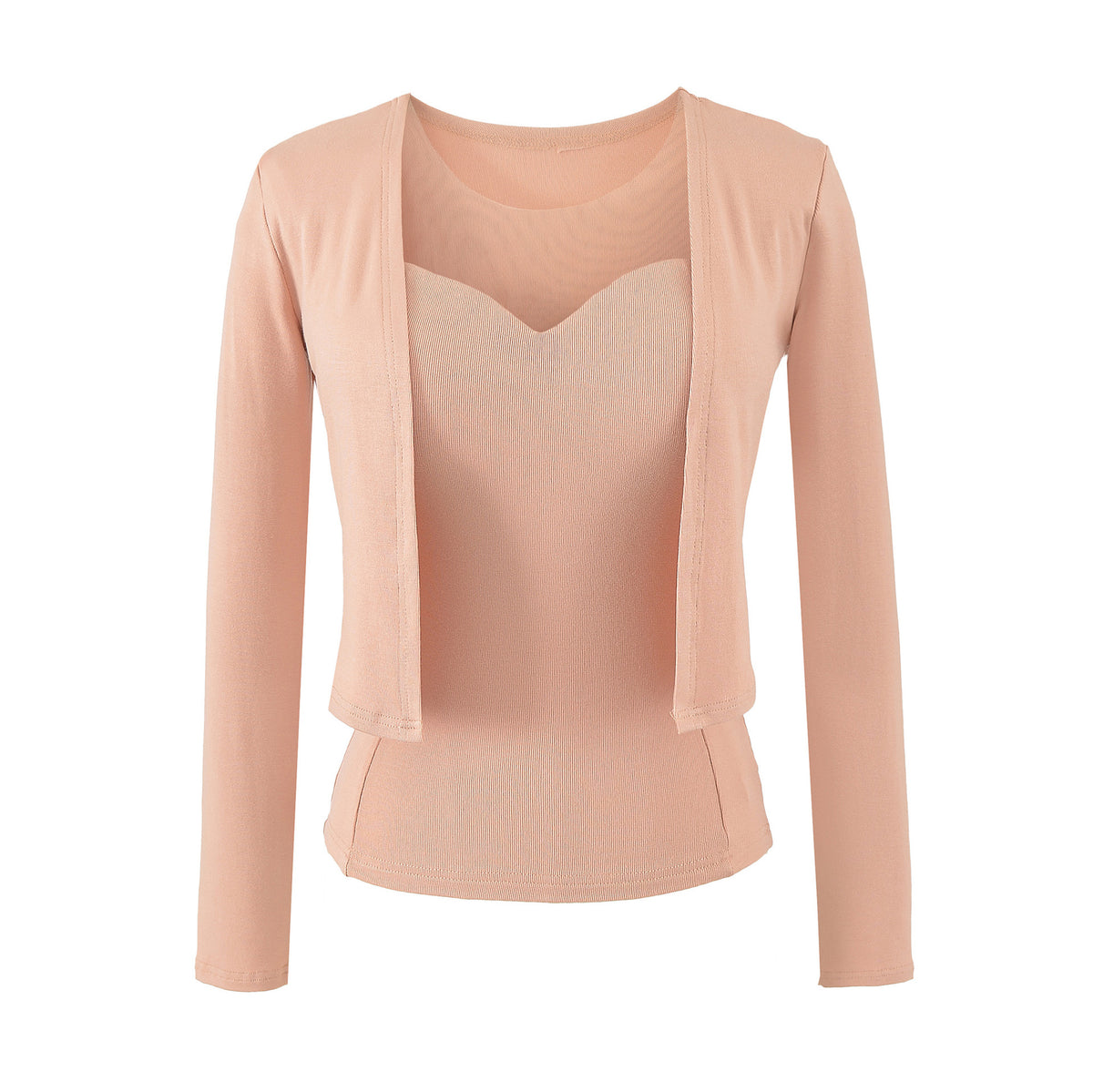 Ladies Two-Piece Fine Knit Top Set with Mesh Insert and Open Cardigan EVA-US