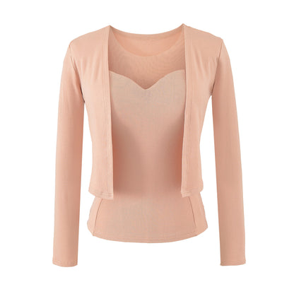 Ladies Two-Piece Fine Knit Top Set with Mesh Insert and Open Cardigan EVA-US