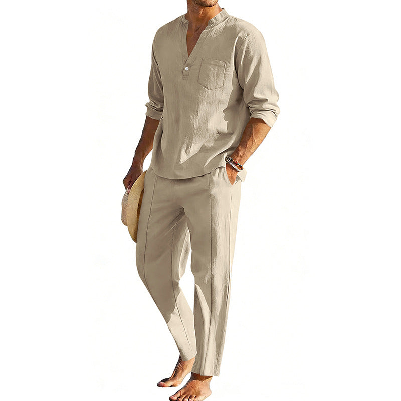 Men's comfortable linen two-piece with stand-up collar shirt and tapered ankle-length pants EVA-US