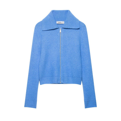 Women's chunky knitted short jacket with zipper, wide collar and ribbed hem EVA-US