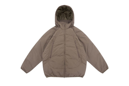 Unisex Voluminous Hooded Insulation Jacket in Boxy Cut with Concealed Zipper Pockets EVA-US