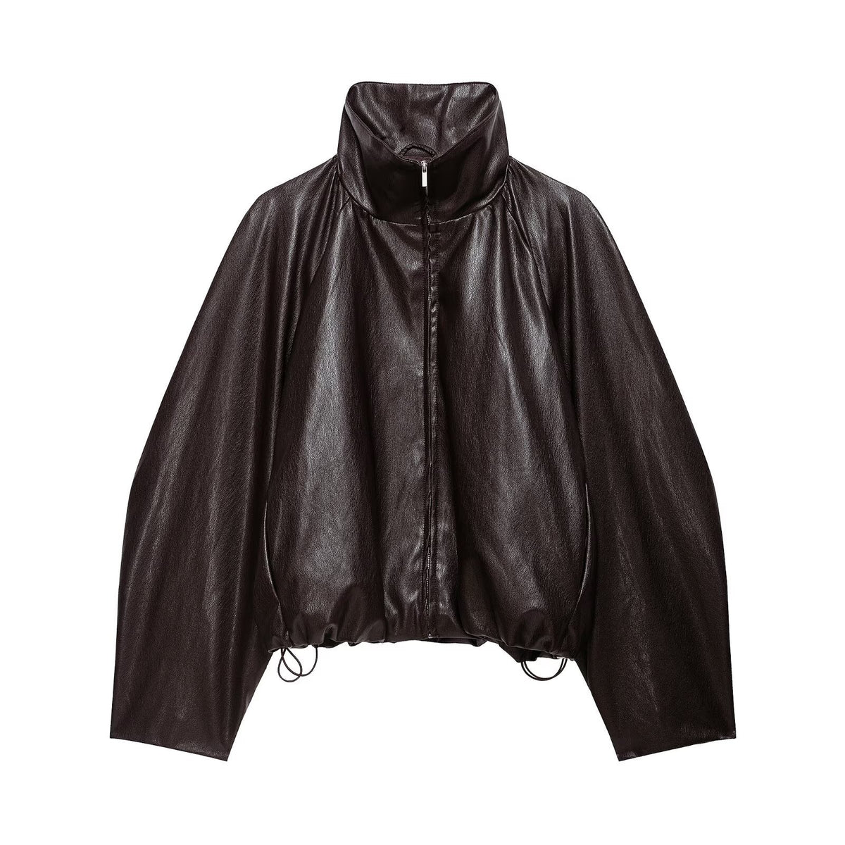 Women's Oversize Jacket in Leather Look with High Funnel Collar, Raglan Sleeves and Drawstring Hem EVA-US