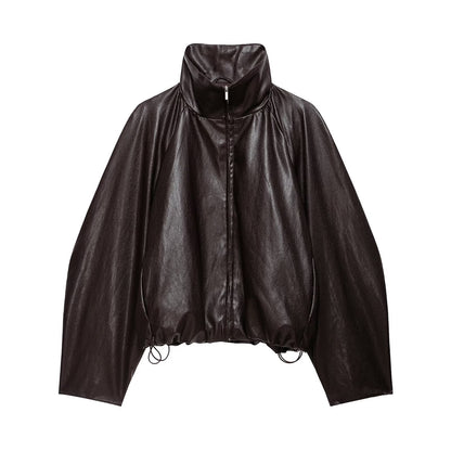 Women's Oversize Jacket in Leather Look with High Funnel Collar, Raglan Sleeves and Drawstring Hem EVA-US