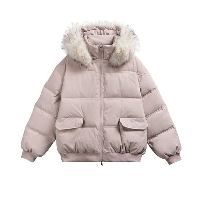Women's Boxy Puffer Jacket with Hood and Voluminous Faux Fur Collar EVA-US