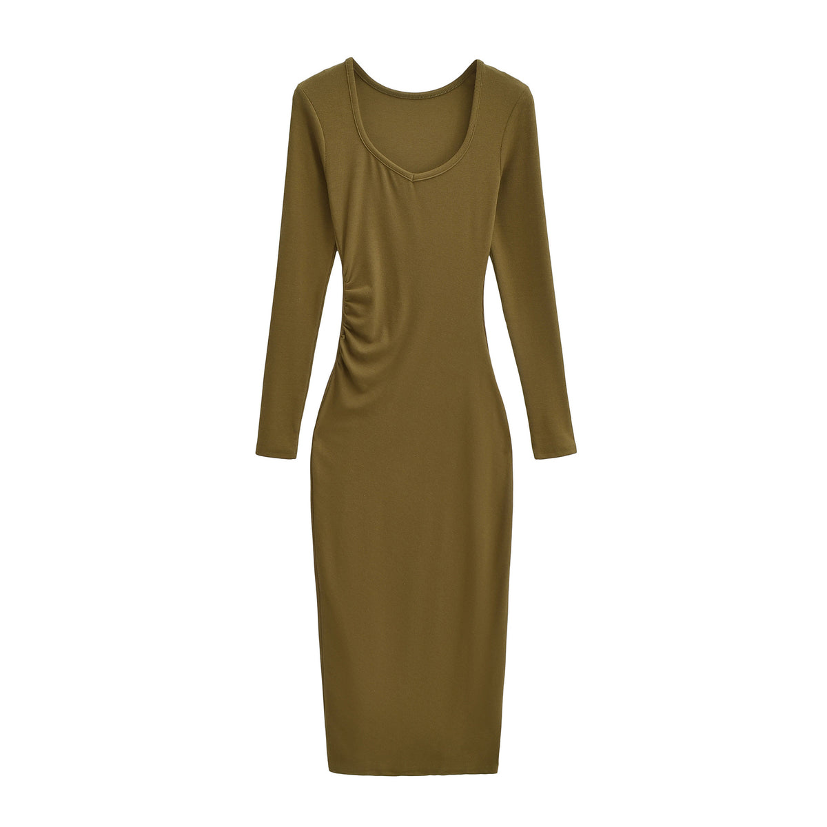 Women's Fitted Midi Dress with Side Ruching and Double Neckline EVA-US