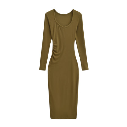 Women's Fitted Midi Dress with Side Ruching and Double Neckline EVA-US