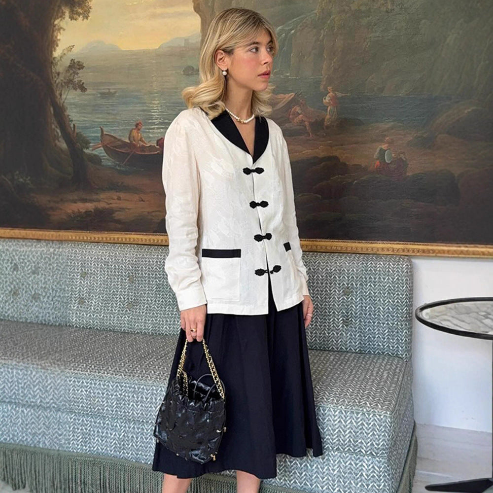 Women's Tailored Jacquard Jacket with Contrast Collar and Knot Closures EVA-US