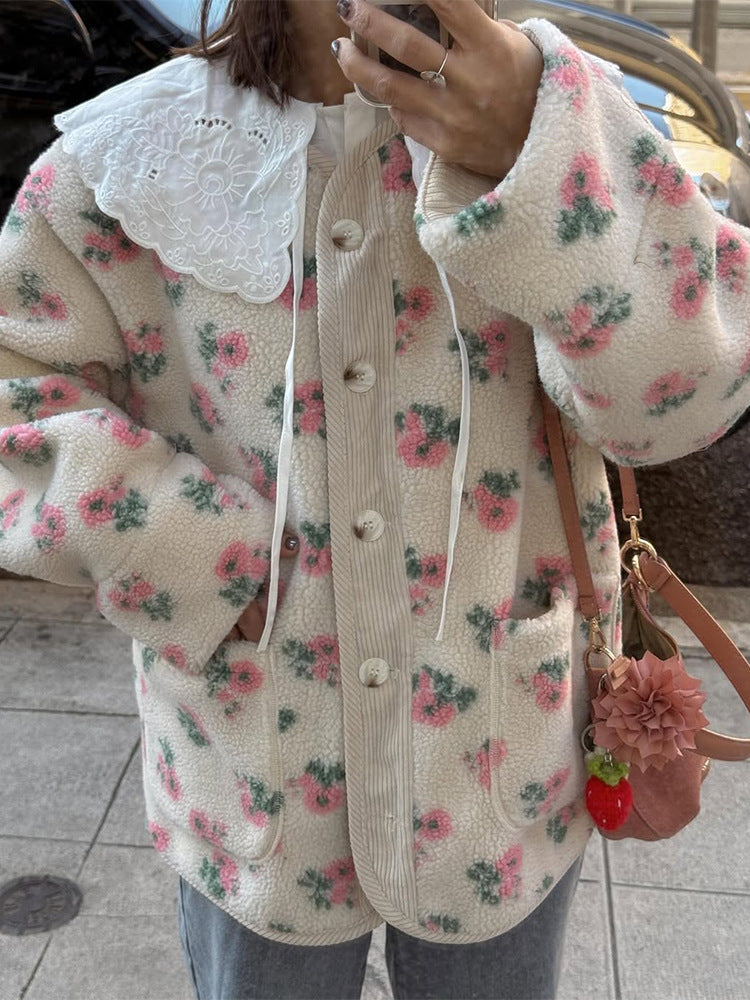 Women's teddy fleece jacket with floral print, cord placket, patch pockets, and oversized lace collar EVA-US