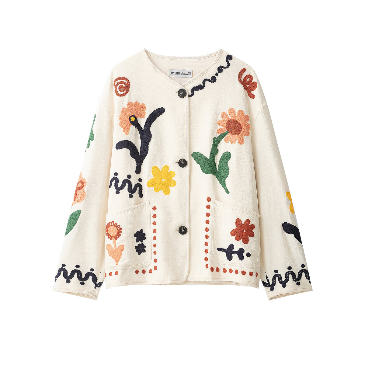 Women's Embroidered Oversized Cotton Jacket with Floral Decor and Button Placket EVA-US