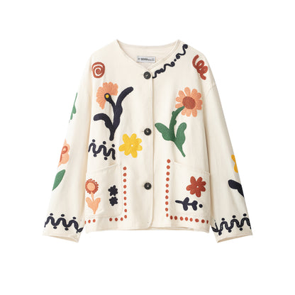 Women's Embroidered Oversized Cotton Jacket with Floral Decor and Button Placket EVA-US