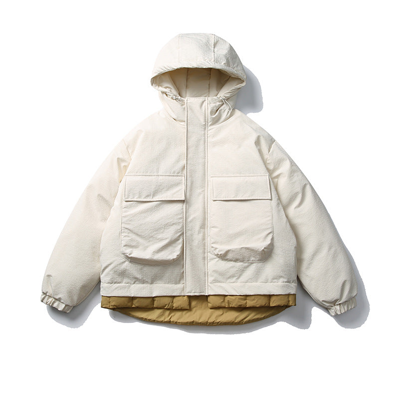 Unisex Short cut padded hoodie jacket in material mix with patch pockets EVA-US