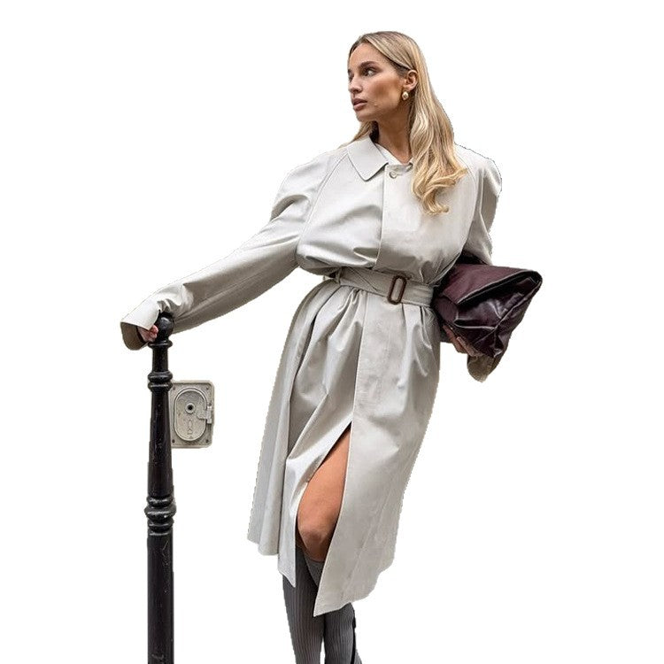 Women's Midi-Length Trench Coat in Cocoon Cut with Tie Belt and Raglan Sleeves EVA-US