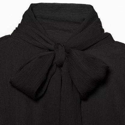 Women's chiffon blouse with tie, standing collar, and gathered balloon sleeves EVA-US